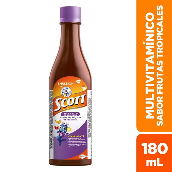 Emulsion de Scott Tropical Flavour Cod Liver Oil Vitamin Supplement (180ml)