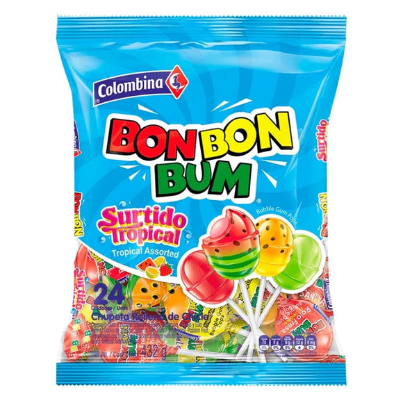 Bon Bon Bum Lollipop with gum Tropical  Flavours Pack of 24 (456g)